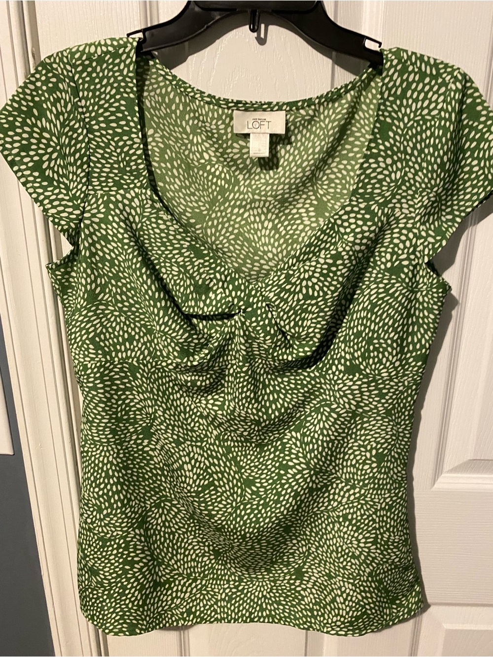 LOFT Green White Printed Cap-Sleeve Draped Front Blouse